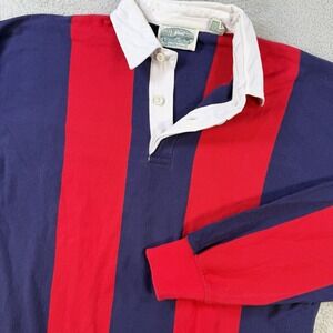 Britches Great Outdoors Rugby Shirt Men Large Red Blue Striped Y2K Rubber Button